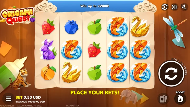 Origami Quest - ecran de joc cu panoul de pariuri și butonul Boost